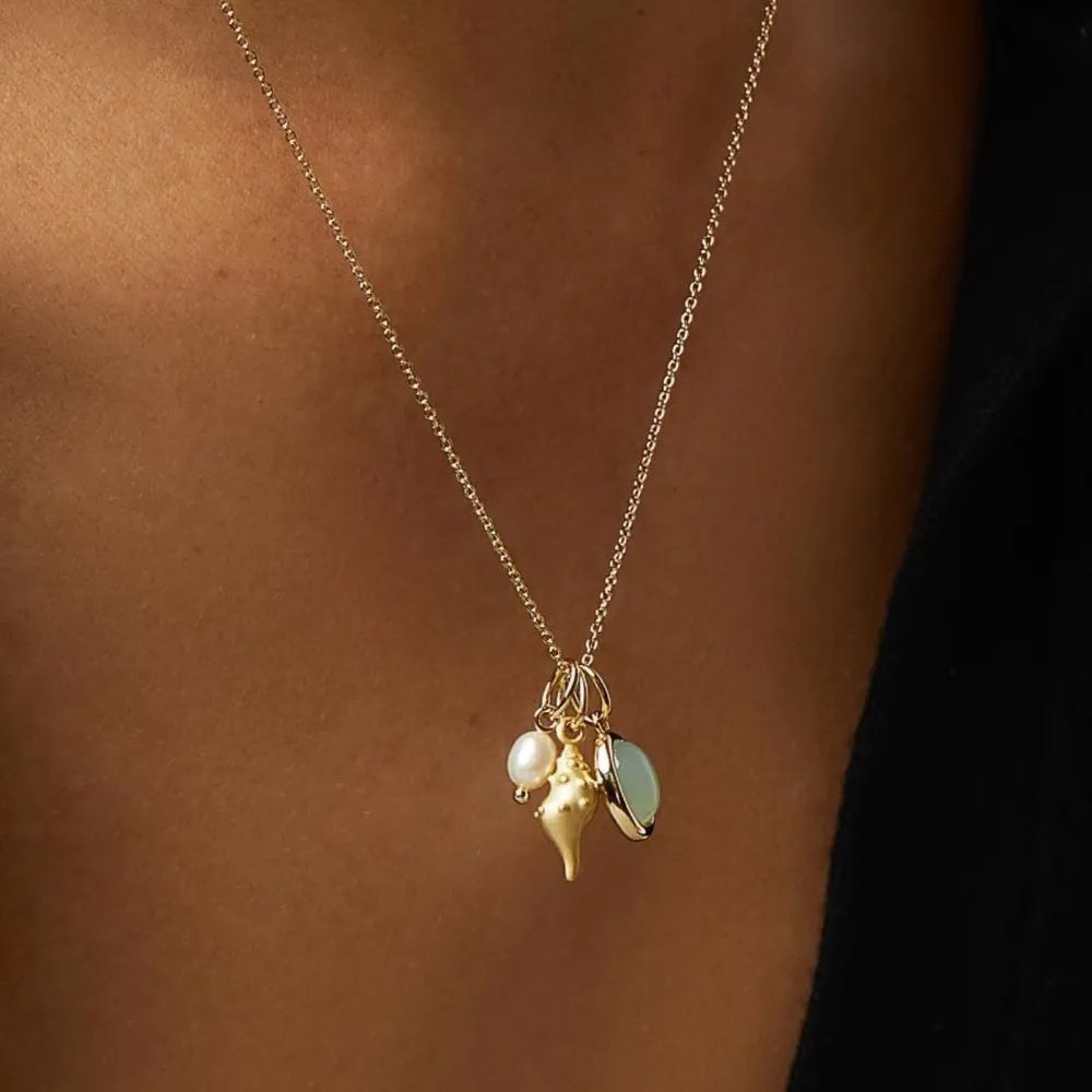 14K Gold-Plated Natural Crystal Conch Pendant Necklace - Korvel