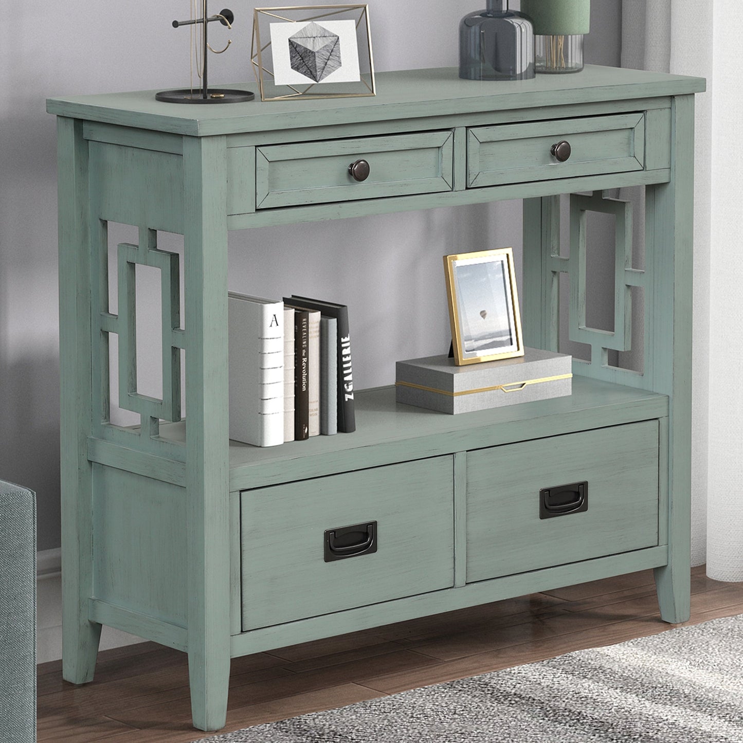 36'' Farmhouse Pine Wood Console Table Entry Sofa Table with 4 Drawers & 1 Storage Shelf (Retro Blue) - Korvel