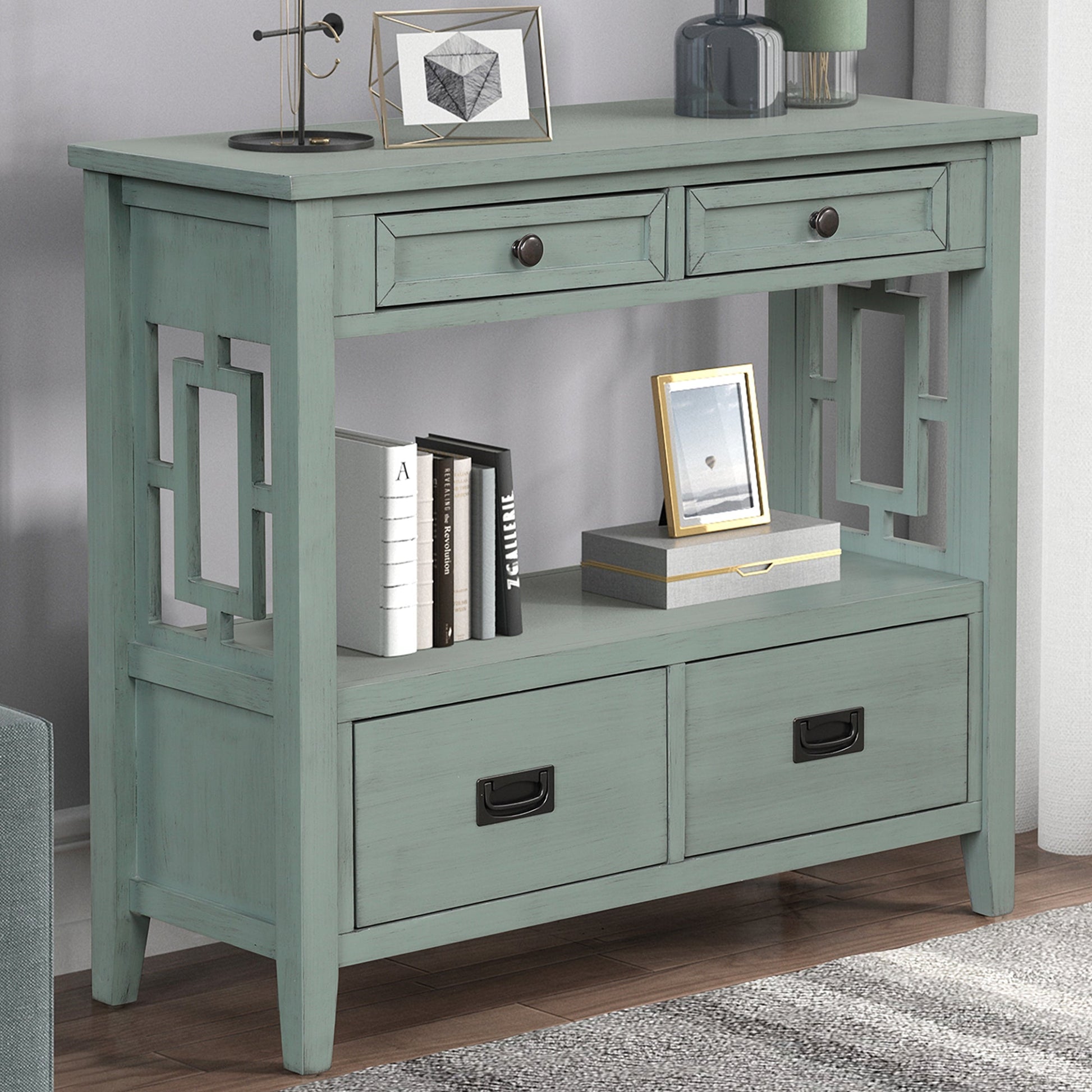36'' Farmhouse Pine Wood Console Table Entry Sofa Table with 4 Drawers & 1 Storage Shelf (Retro Blue) - Korvel