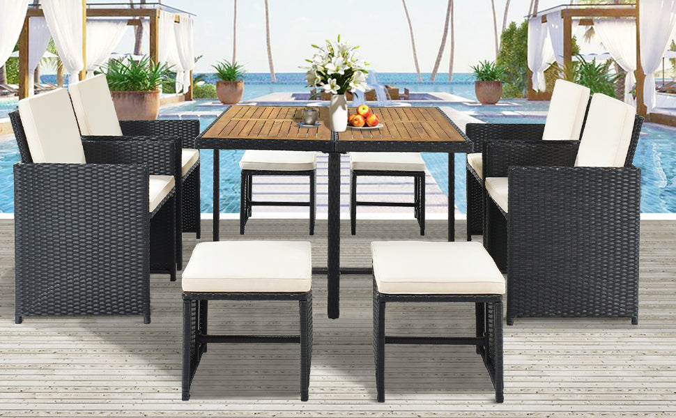 TOPMAX Patio All-Weather PE Wicker Dining Table Set with Wood Tabletop for 8, Black Rattan+Beige Cushion (9-Piece) - Korvel