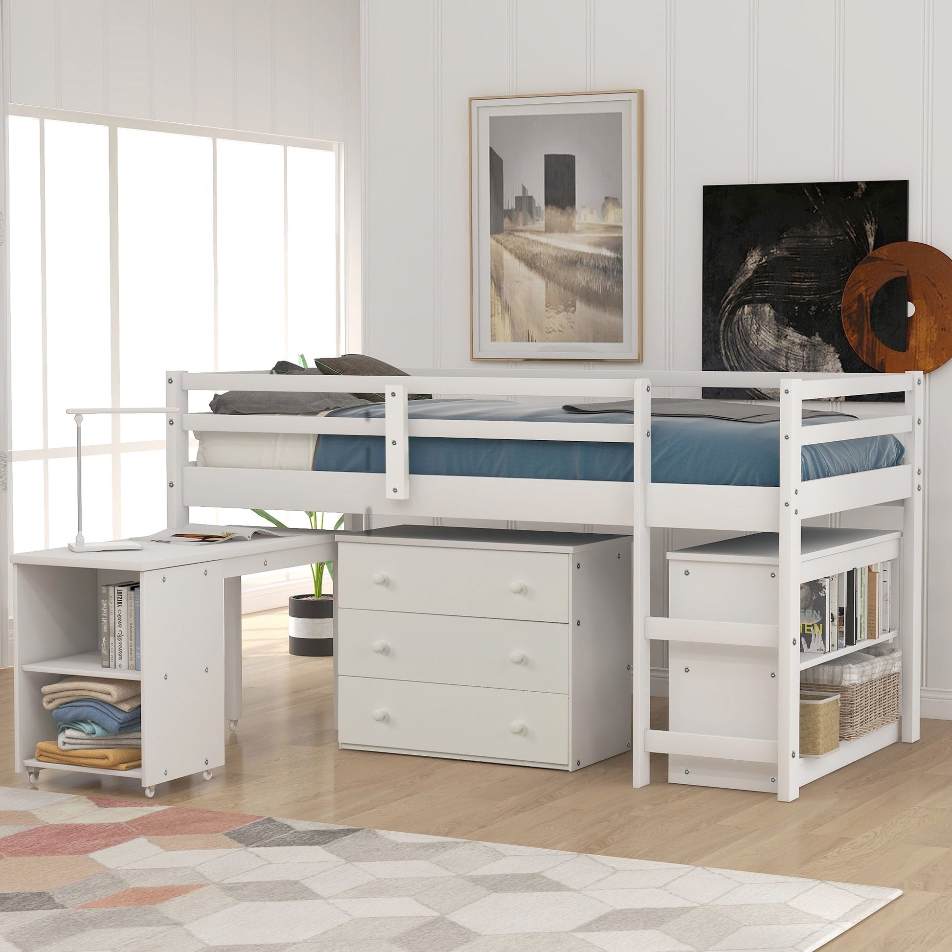 Low Study Twin Loft Bed with Cabinet and Rolling Portable Desk - White (OLD SKU :LP000113AAK) - Korvel