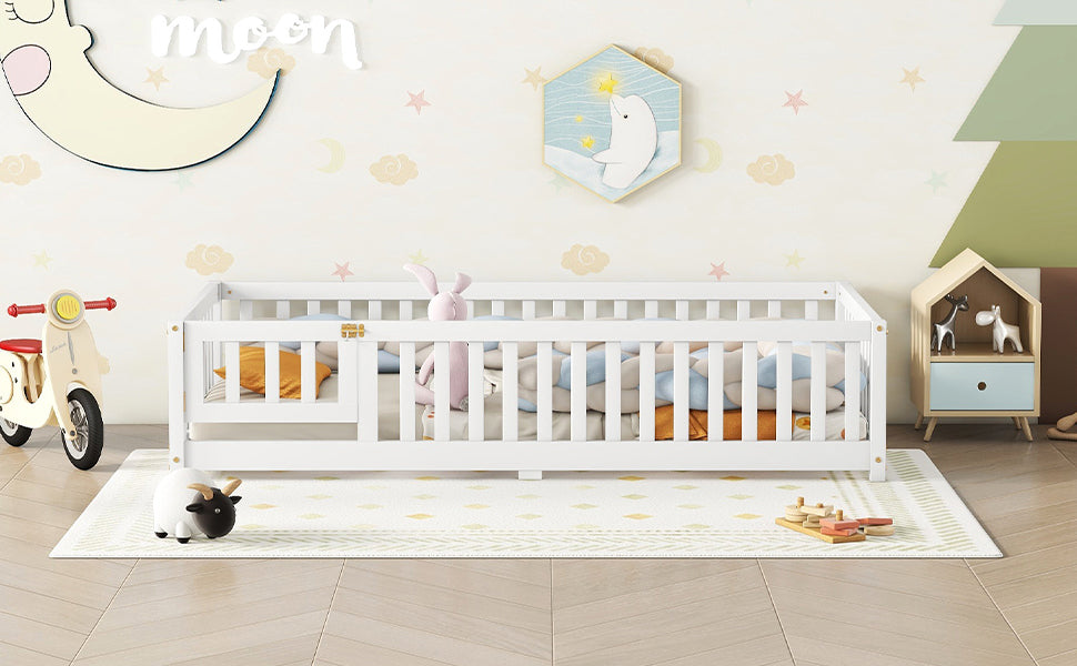 Twin Size Bed Floor Bed with Safety Guardrails and Door for Kids, White - Korvel