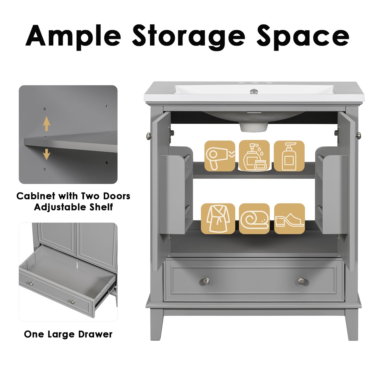 30-Inch Gray Bathroom Vanity Base Only