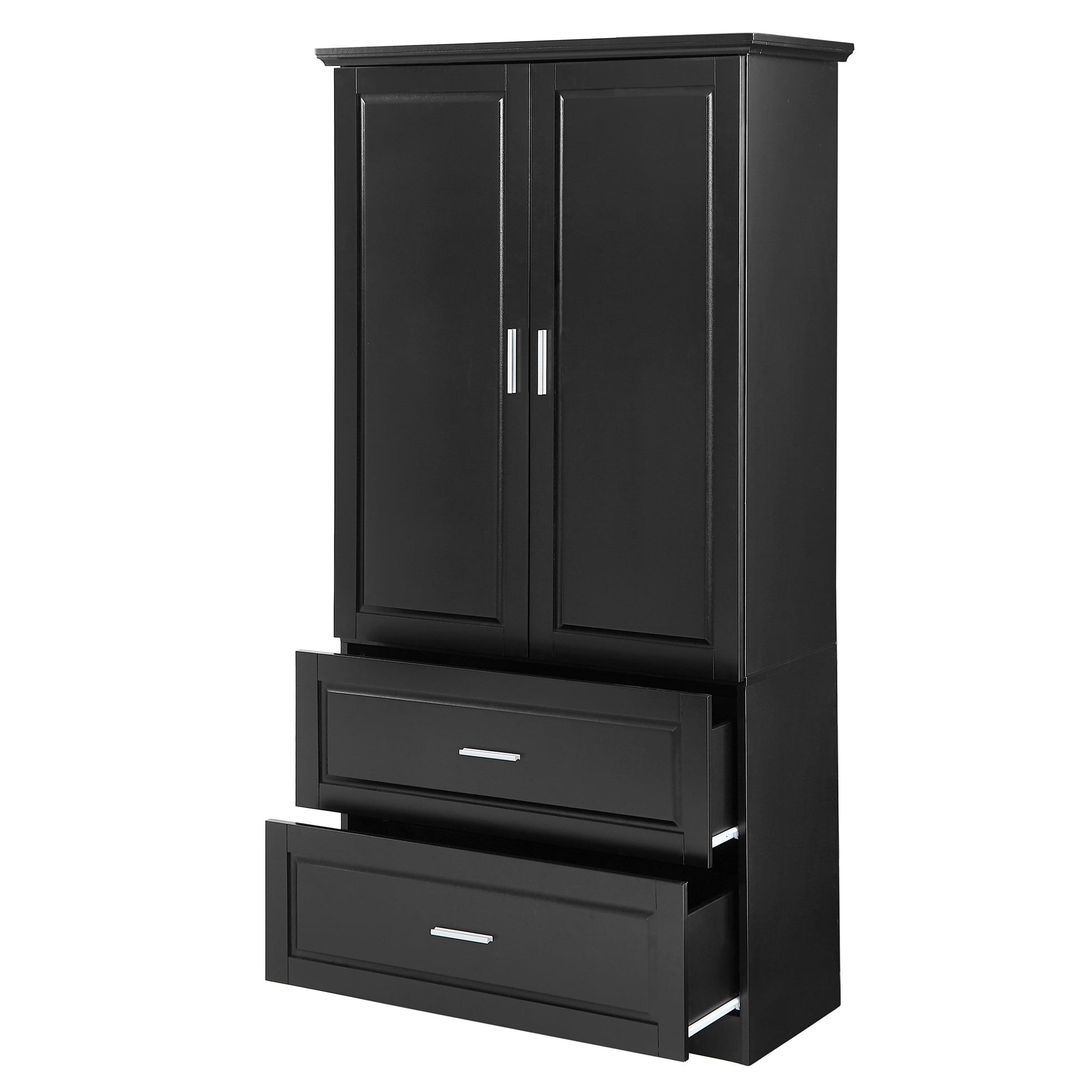 Tall Bathroom Storage Cabinet, Cabinet with Two Doors and Drawers, Adjustable Shelf, MDF Board, Black - Korvel