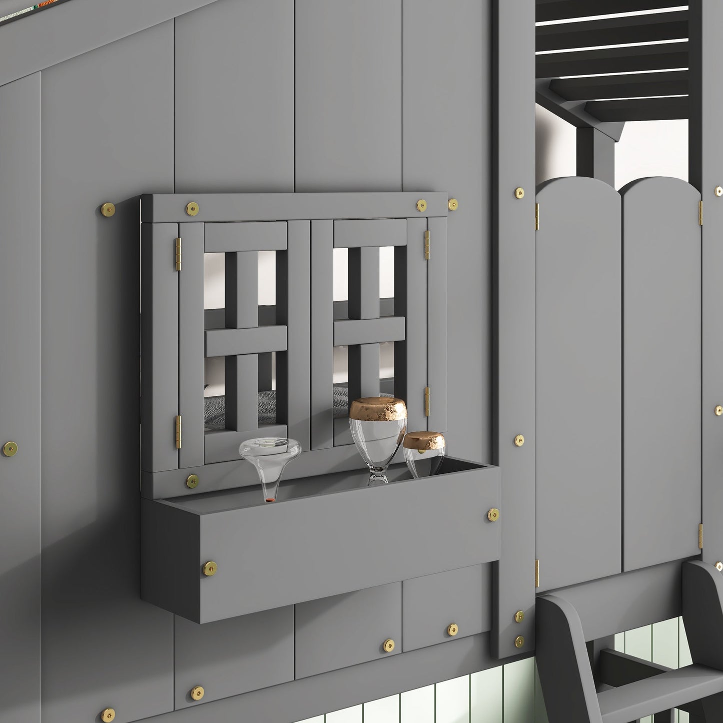 Twin over Twin House Bunk Bed with Roof , Window, Window Box, Door , with Safety Guardrails and Ladder, Grey - Korvel