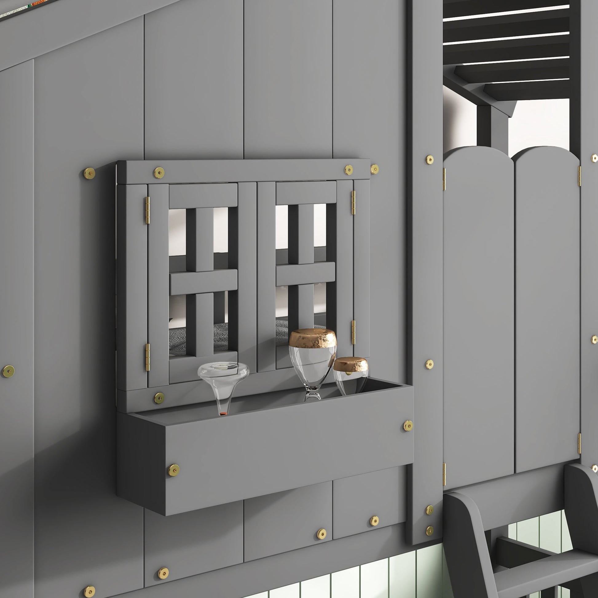 Twin over Twin House Bunk Bed with Roof , Window, Window Box, Door , with Safety Guardrails and Ladder, Grey - Korvel