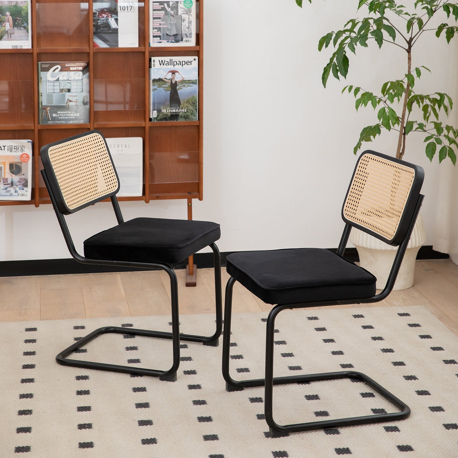 Dining Chairs Set of 2 velvet wicker side decorative chairs, black painted legs, modern medieval Bruell designed chairs, - Korvel