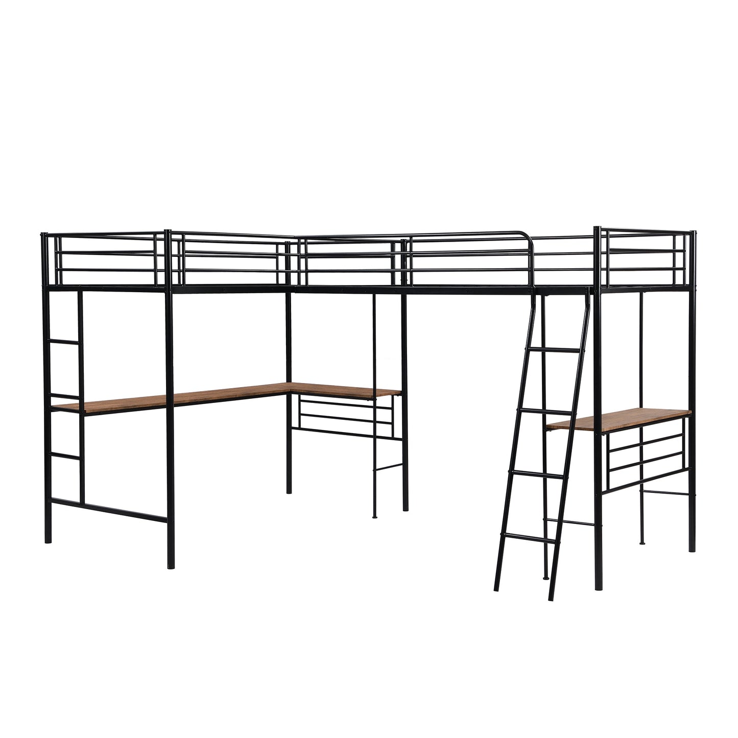 Twin Size Metal Loft Bed with Two Built-in Desks Black - Korvel