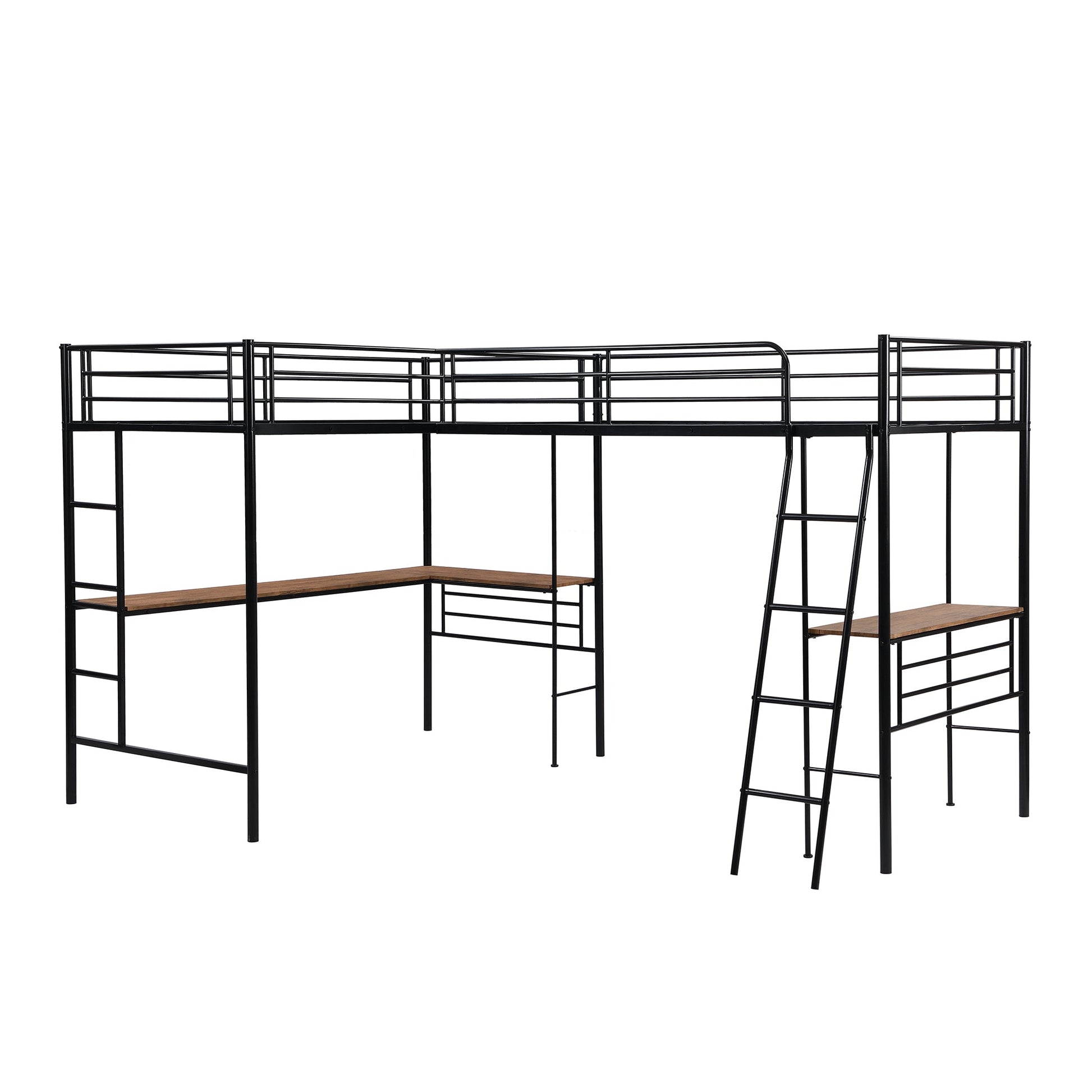 Twin Size Metal Loft Bed with Two Built-in Desks Black - Korvel
