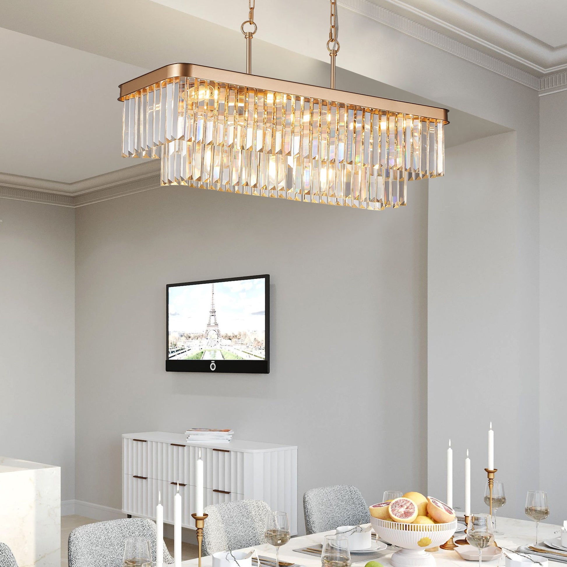 Chandeliers,Rectangular Crystal Chandelier Adjustable,E12 Modern Industrial Crystal Lights (Bulb Not Included) - Korvel