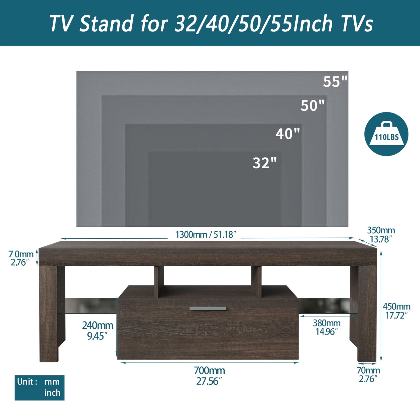 Meuble TV moderne marron avec éclairage LED - Assemblage rapide