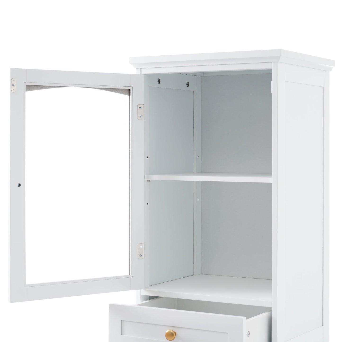 High bathroom storage cabinet with glass door, freestanding, two drawers and adjustable shelves, MDF board, painted white - Korvel