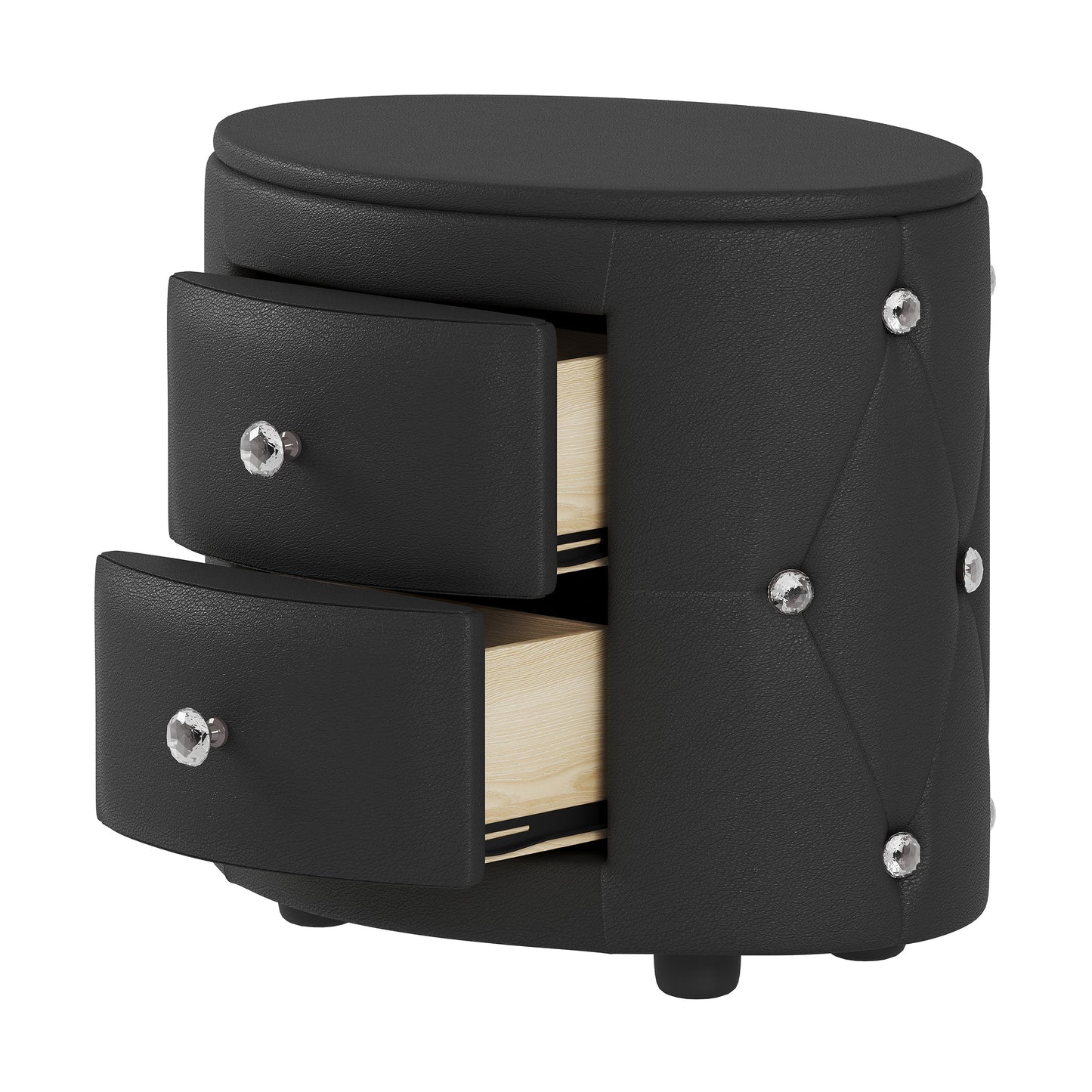 Elegant PU Nightstand with 2 Drawers and Crystal Handle,Fully Assembled Except Legs&Handles,Storage Bedside Table - Black - Korvel