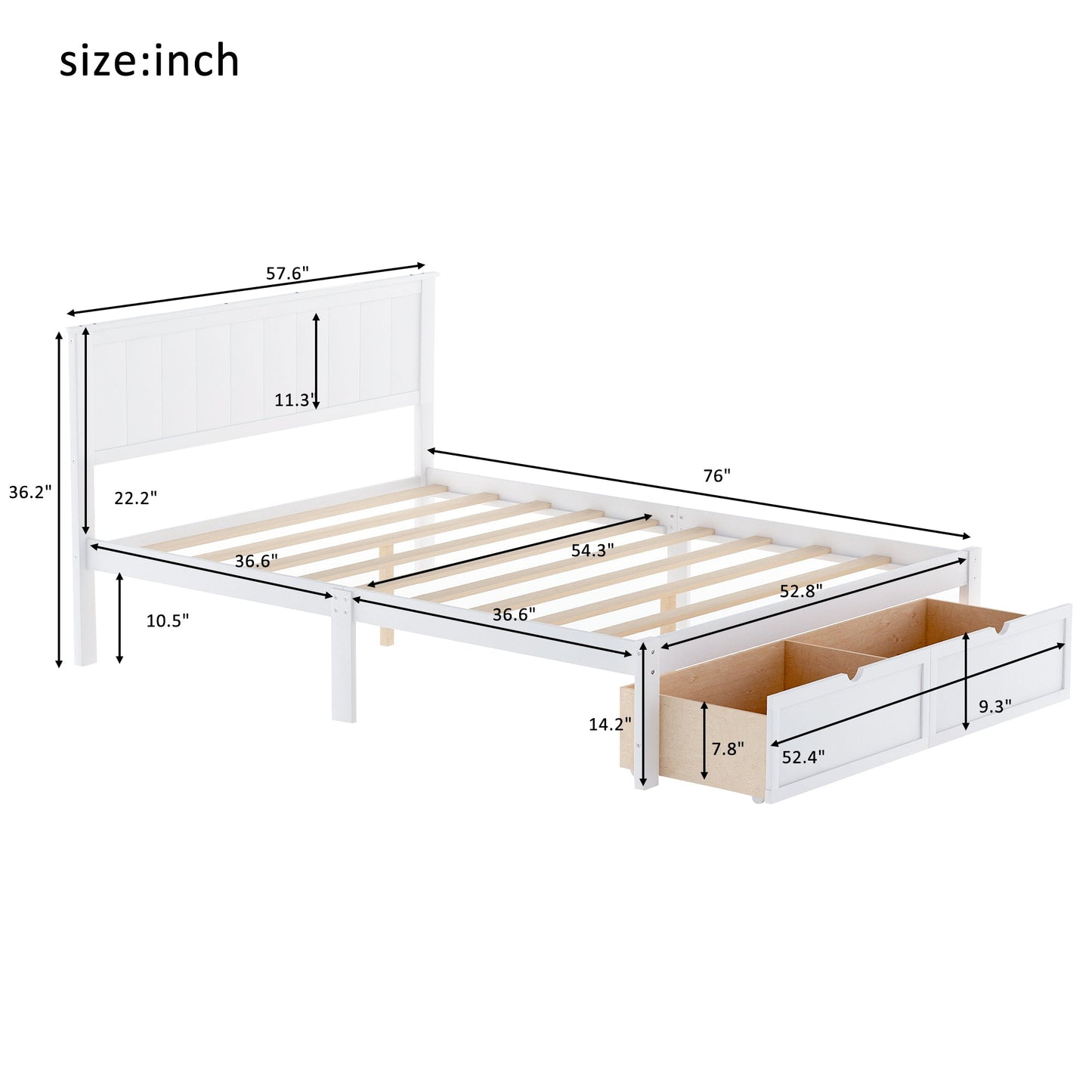 Lit plateforme de taille complète avec tiroirs sous le lit - Blanc