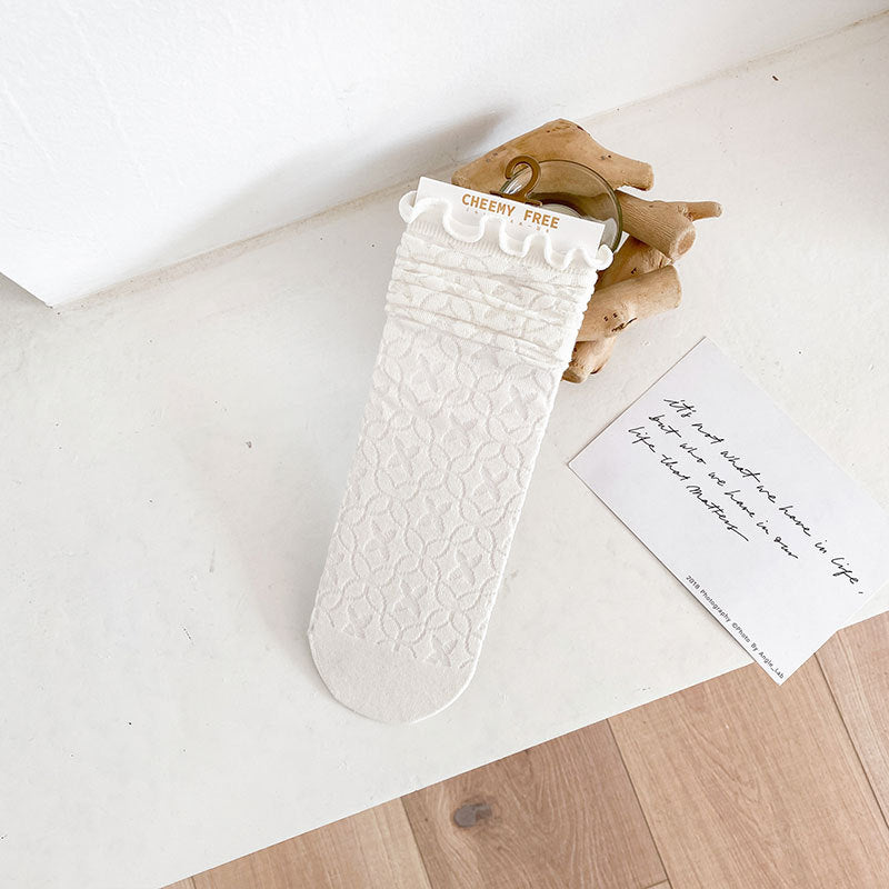 1 pair of socks for women summer thin black middle tube socks Japanese lace ballet style socks mesh breathable pile socks - Korvel