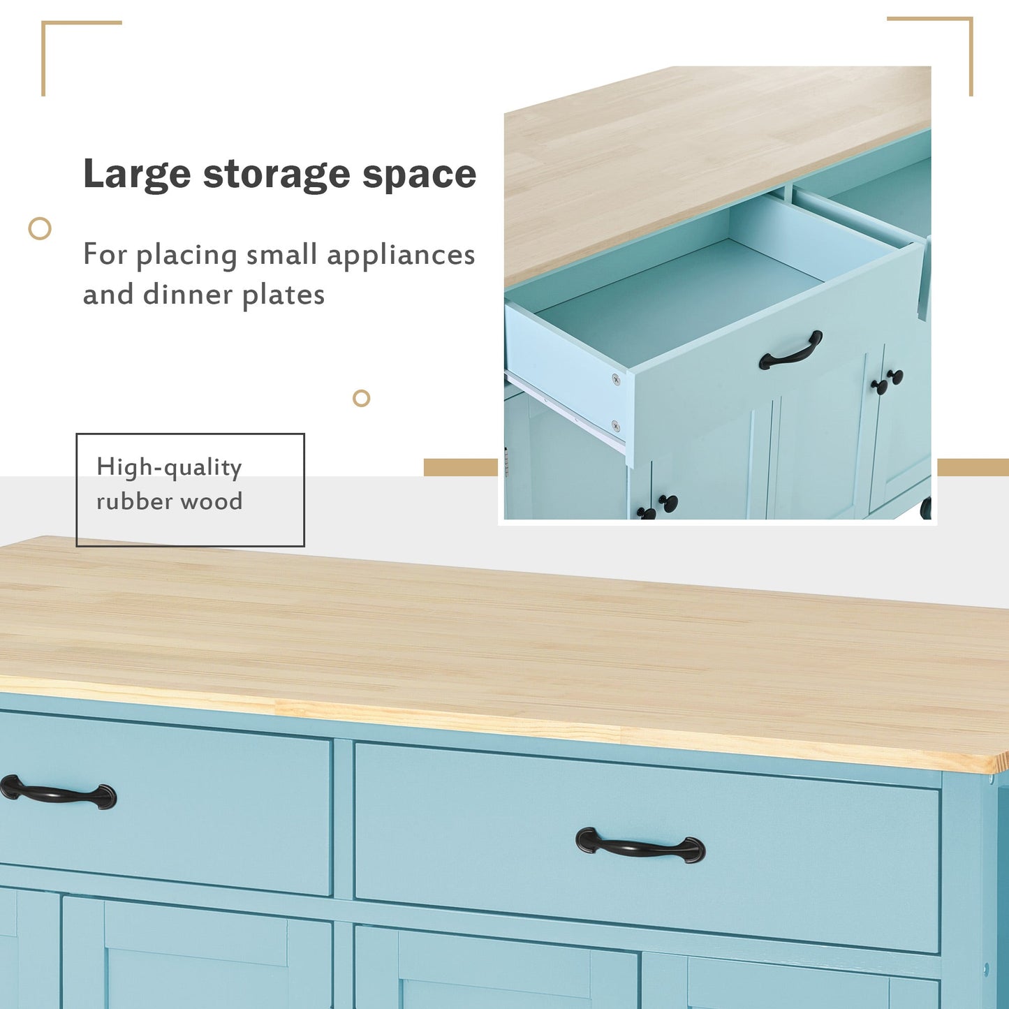 Mint Green Kitchen Island Cart with 4 Doors and Drawers