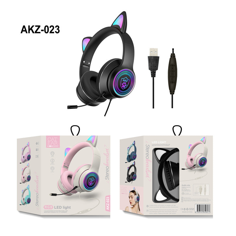 AKZ-023 New RGB Luminous Cat Ear Wired Headset USB With Sound Card Game Headset Learning Headset - Korvel