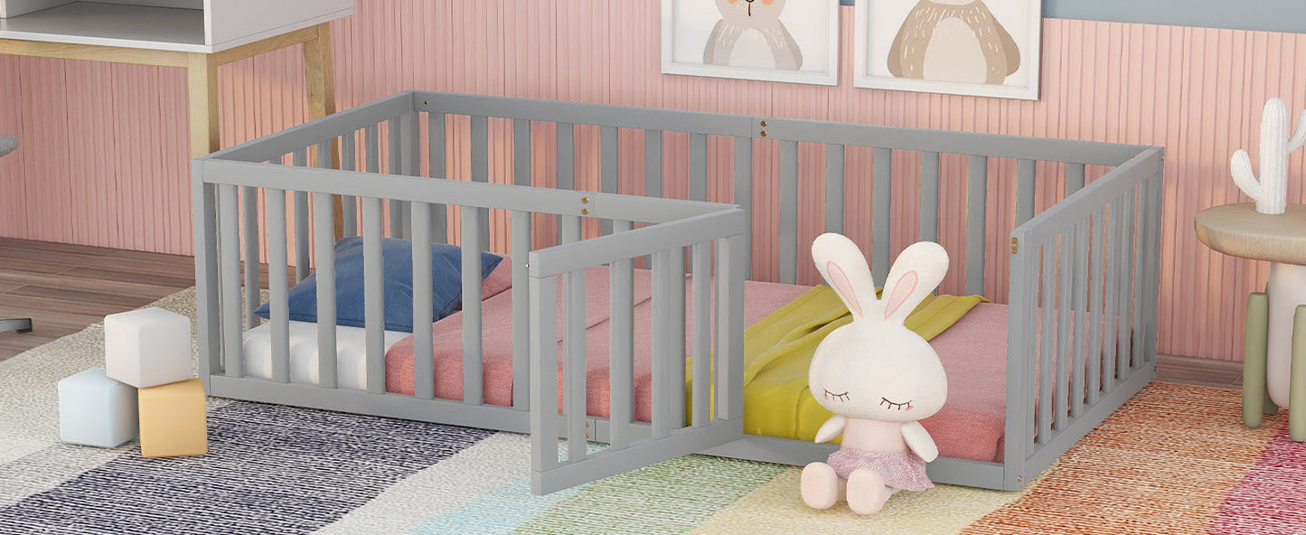 Twin Size Wood Daybed Frame with Fence - Gray