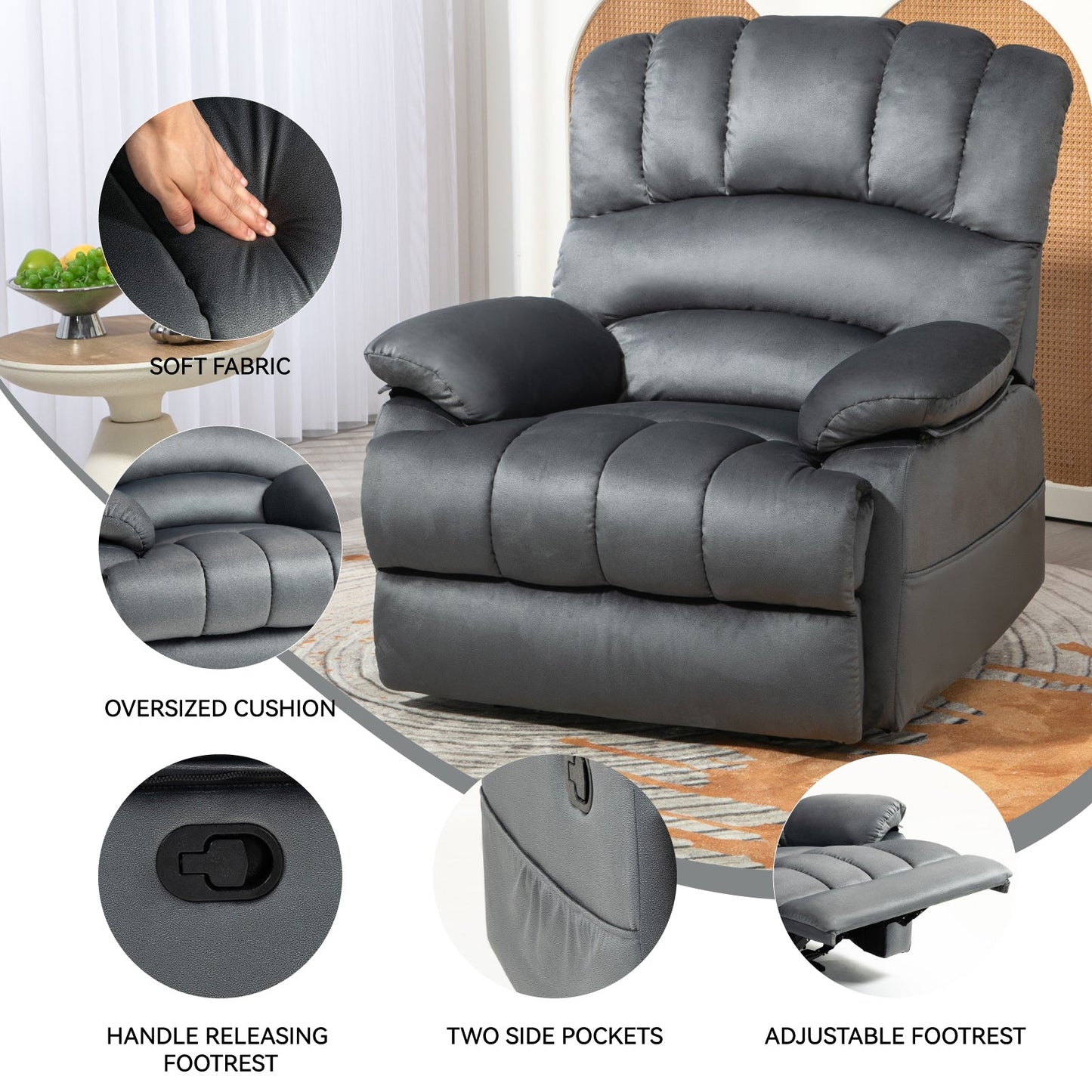 Large Manual Recliner Chair in Fabric for Living Room, Grey - Korvel