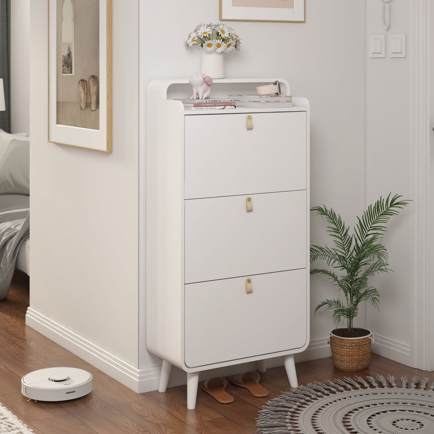 Modern Arc Design Shoe Cabinet With 3 Drawers,Shoe Storage Cabinet for Entryway,Outdoor,White Finish - Korvel