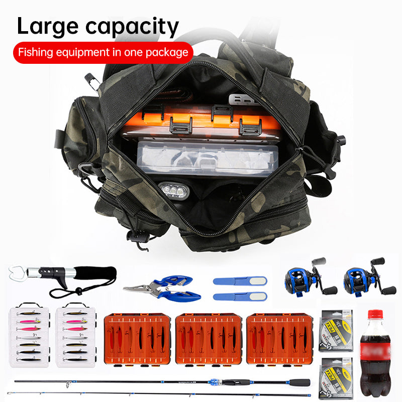 Men's Fishing Backpack: Equipped with bait box, equipment storage bag, pole holder, sling & shoulder bag design. - Korvel