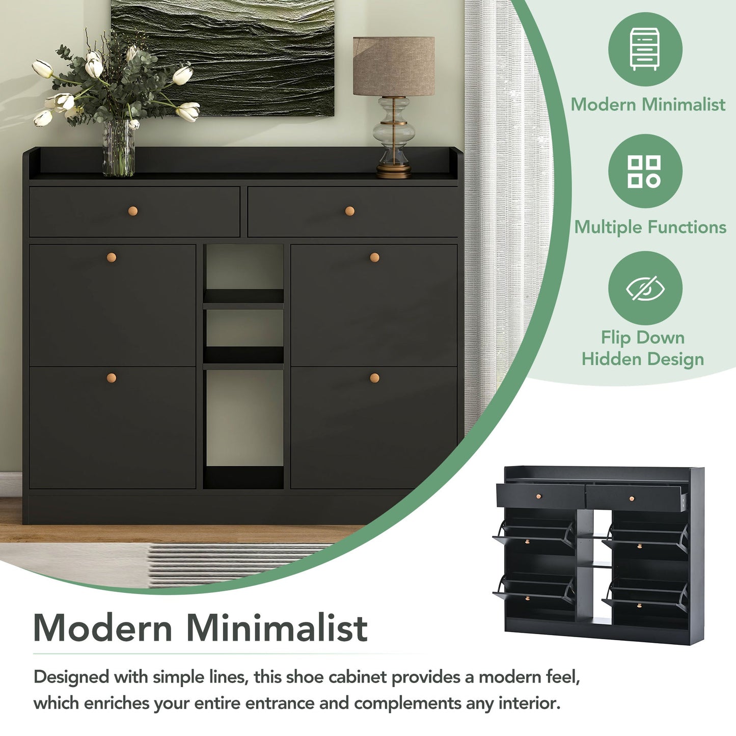 Cabinet à chaussures moderne ONTREND avec 4 tiroirs basculants - Noir