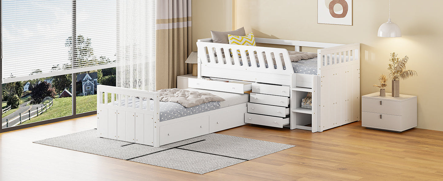 Cama loft twin en forma de L que ahorra espacio con 7 cajones - Blanca
