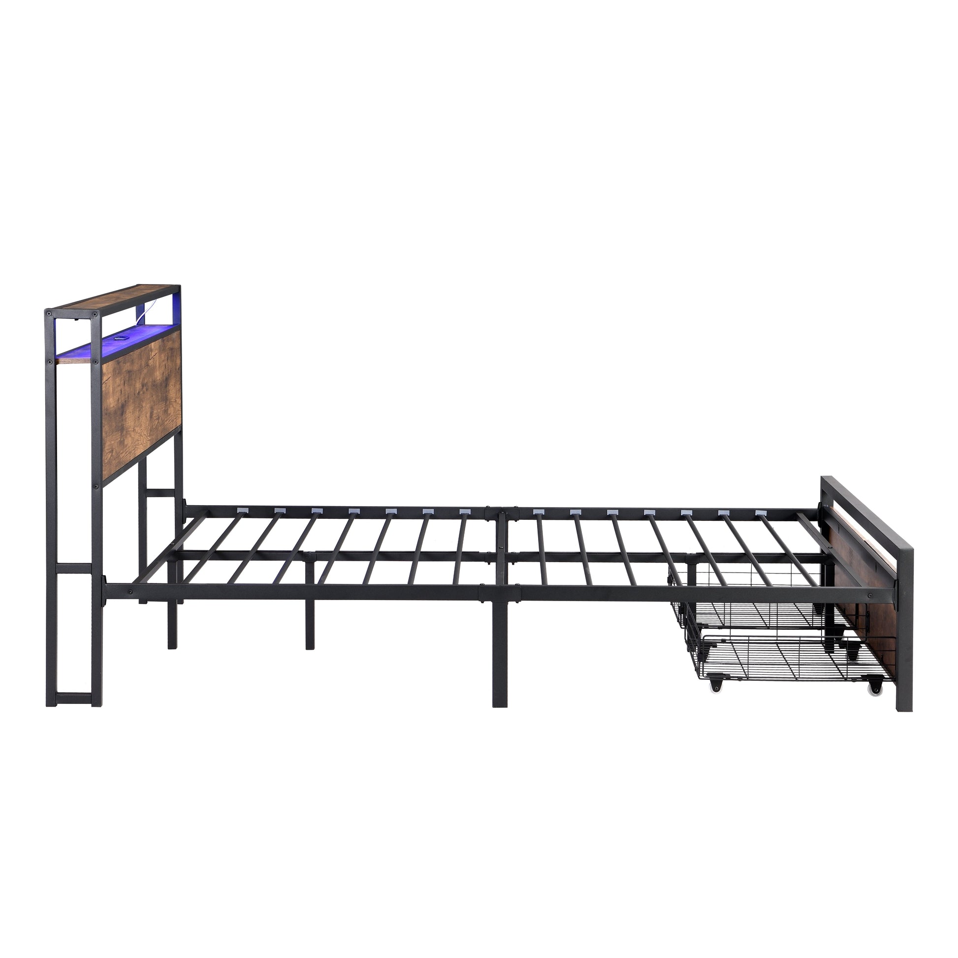 Full size bedstead with storage headboard and 2 drawers, LED light bed with charging station, metal Flat noodles support - Korvel