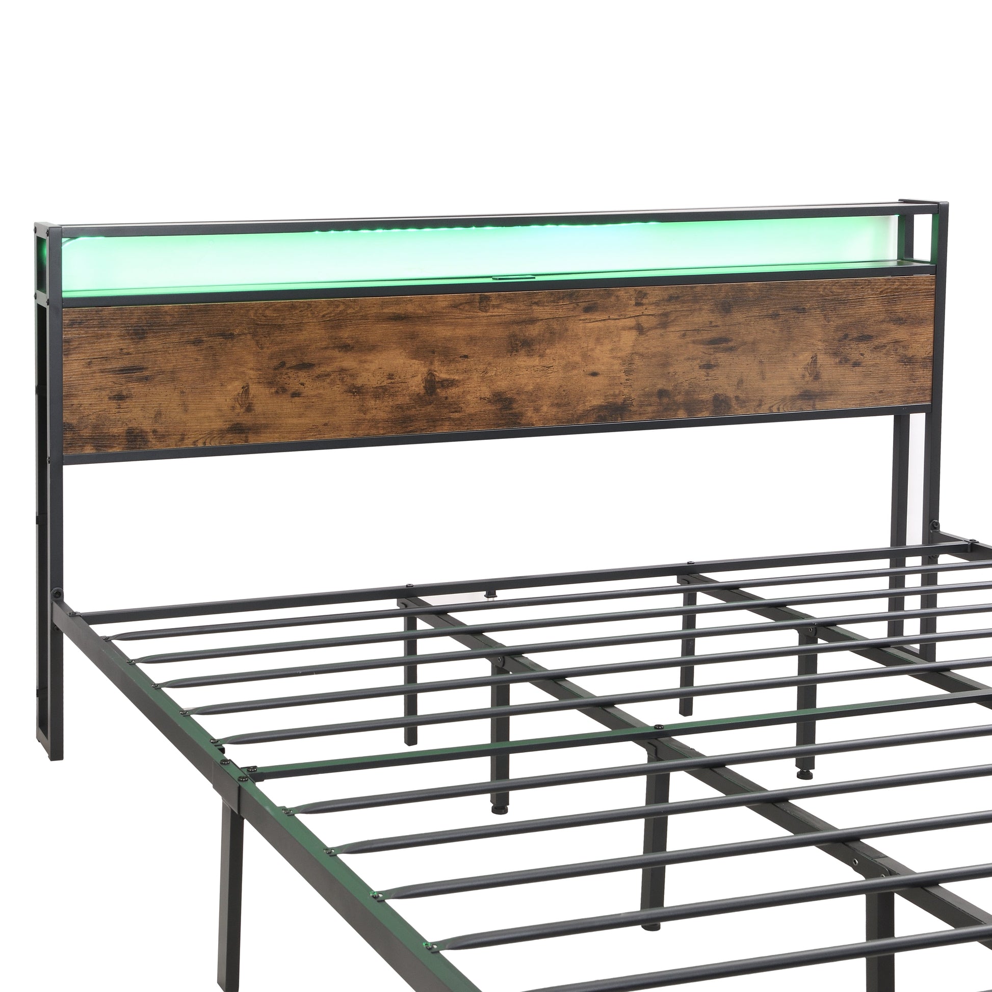 Industrial extra large bed frame with LED lights and 2 USB ports, extra large bed frame with storage space, rural brown color - Korvel