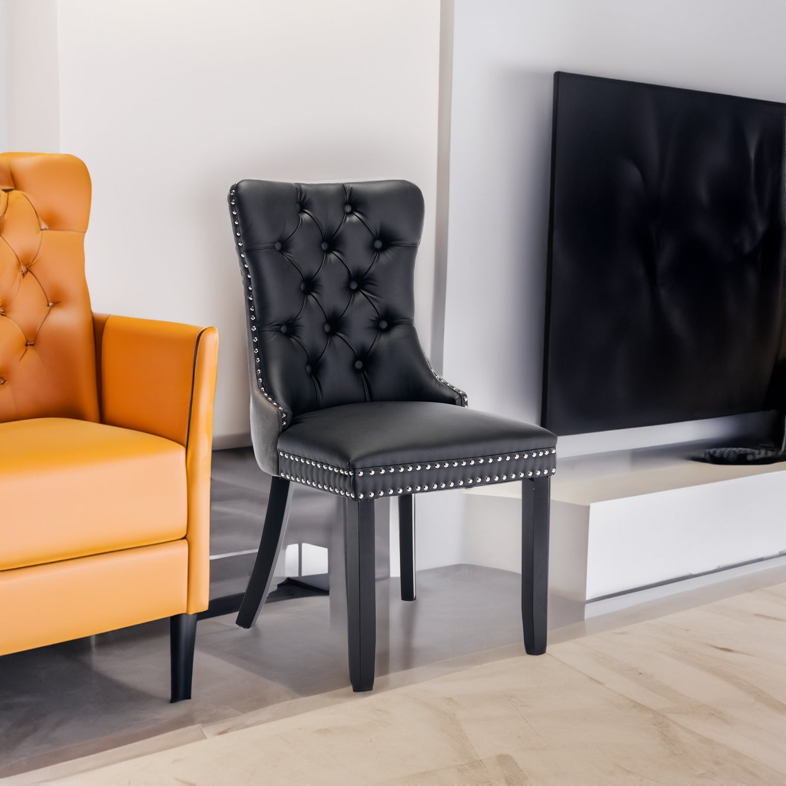 Tufted Solid Wood Contemporary PU and Velvet Upholstered Dining Chair with Wood Legs Nailhead Trim 2-Pcs Set Black+Gray - Korvel