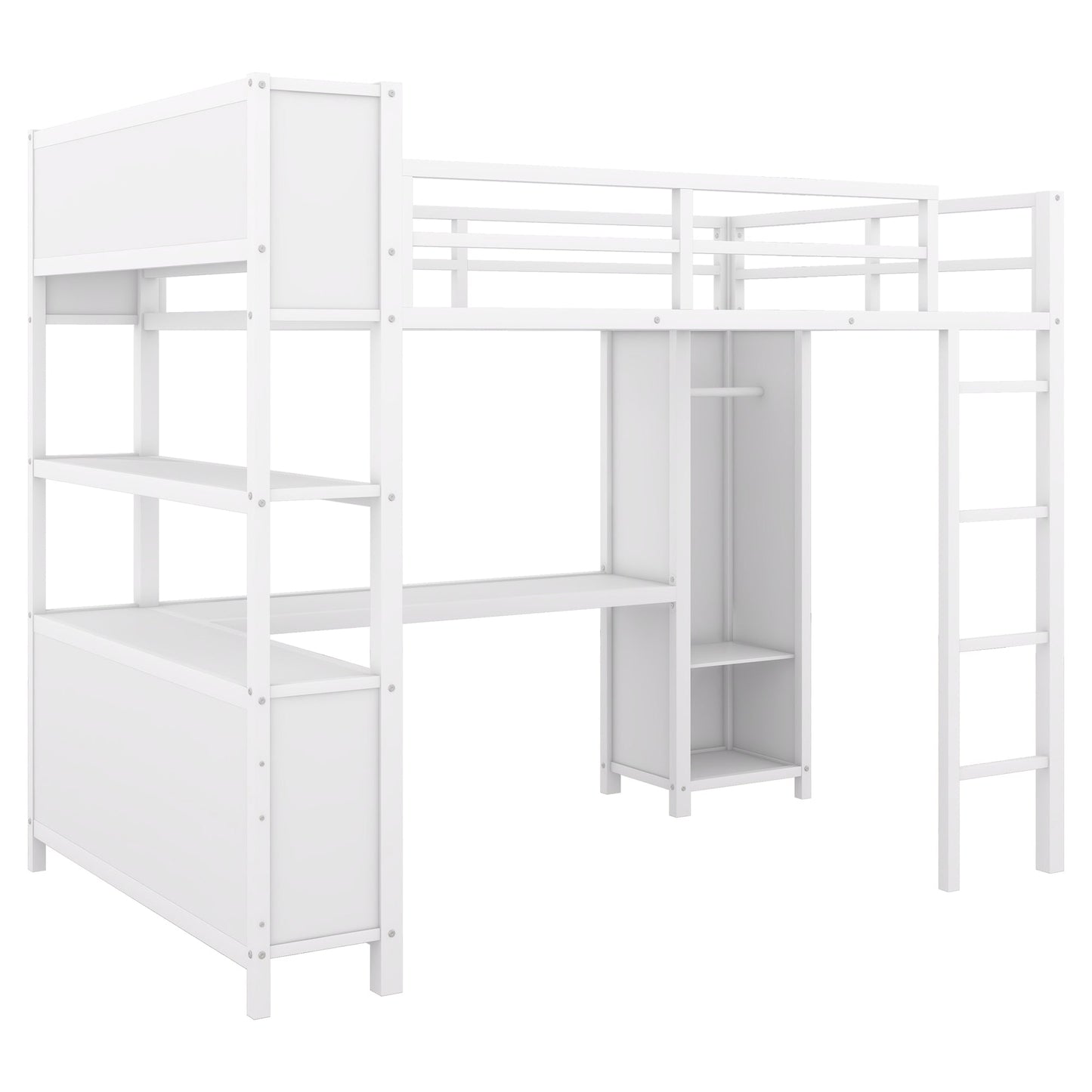 Metal loft bed with wardrobe and L-shaped desk, full-size loft bed with storage cabinet and shelf, white - Korvel