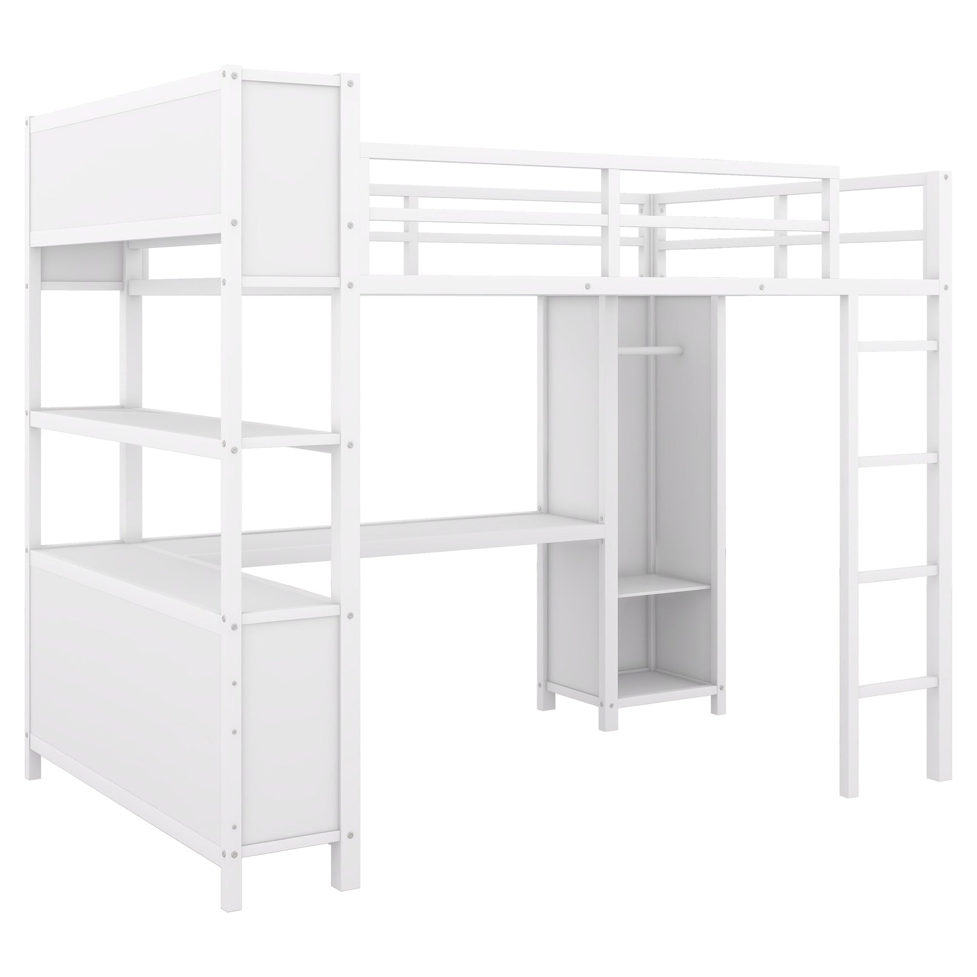 Metal loft bed with wardrobe and L-shaped desk, full-size loft bed with storage cabinet and shelf, white - Korvel