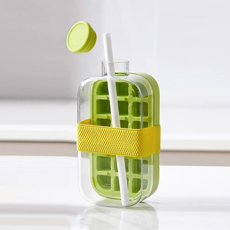 Ice Tray Ice Cube Mold Press Ice Maker With Lid 2-in-1 Ice Cube Bottle Food Grade Ice Making Straw Dual-use Ice Kettle - Korvel