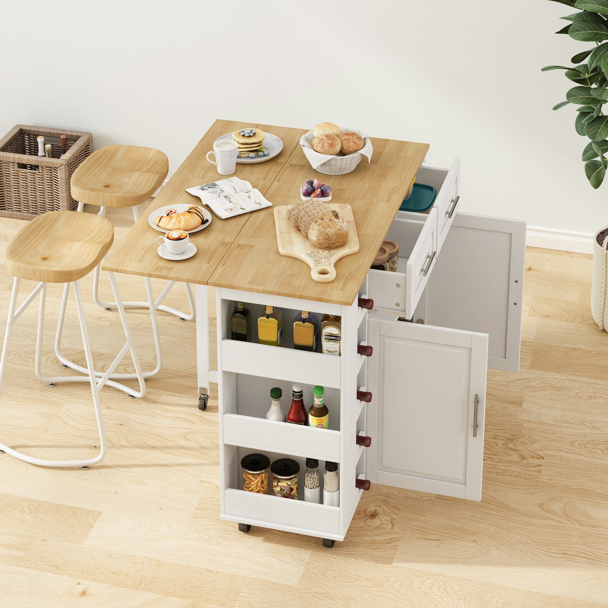 Multi-Functional Kitchen Island Cart with 2 Door Cabinet and Two Drawers,Spice Rack, Towel Holder, Wine Rack, and Foldable Rubberwood Table Top (White) - Korvel