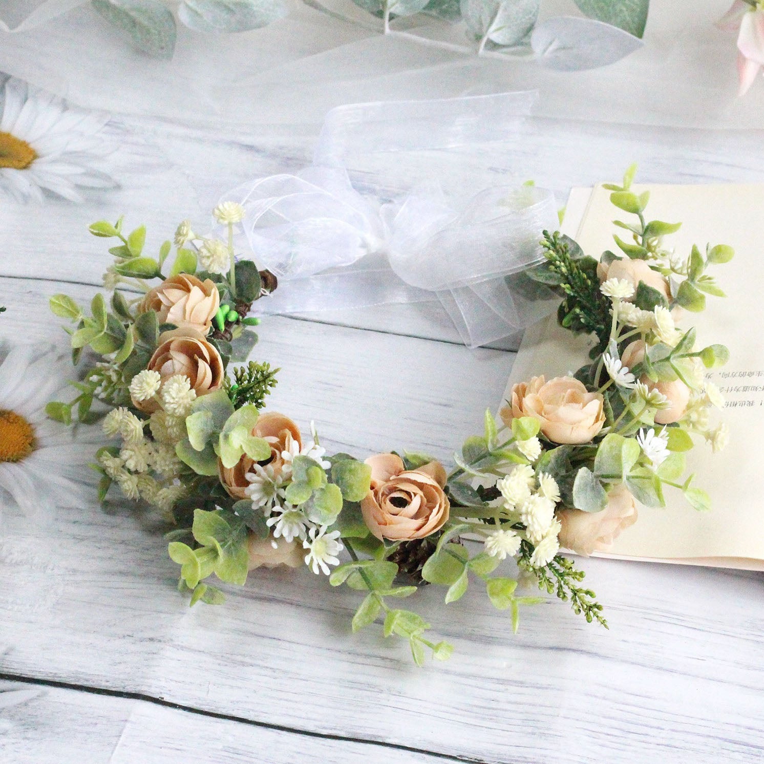 Forest style curled edge rose headband, simulated starry sky, eucalyptus wreath, bride's wedding dress, photography, headwear - Korvel