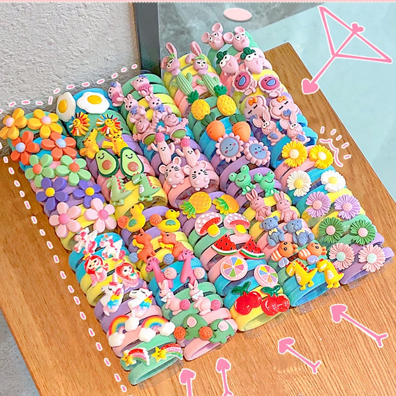 10PCS/Set Rainbow Cartoon Character Fruits Flower Nylon Elastic Hair Bands Women Girl Sweet Rubber Hair Tie Scrunchie Headwear - Korvel