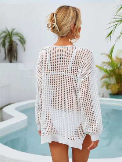 Sequin Star Round Neck Long Sleeve Cover Up - Korvel