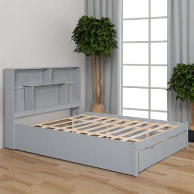 Elegant Queen Size Platform Bed with Storage Headboard, Gray