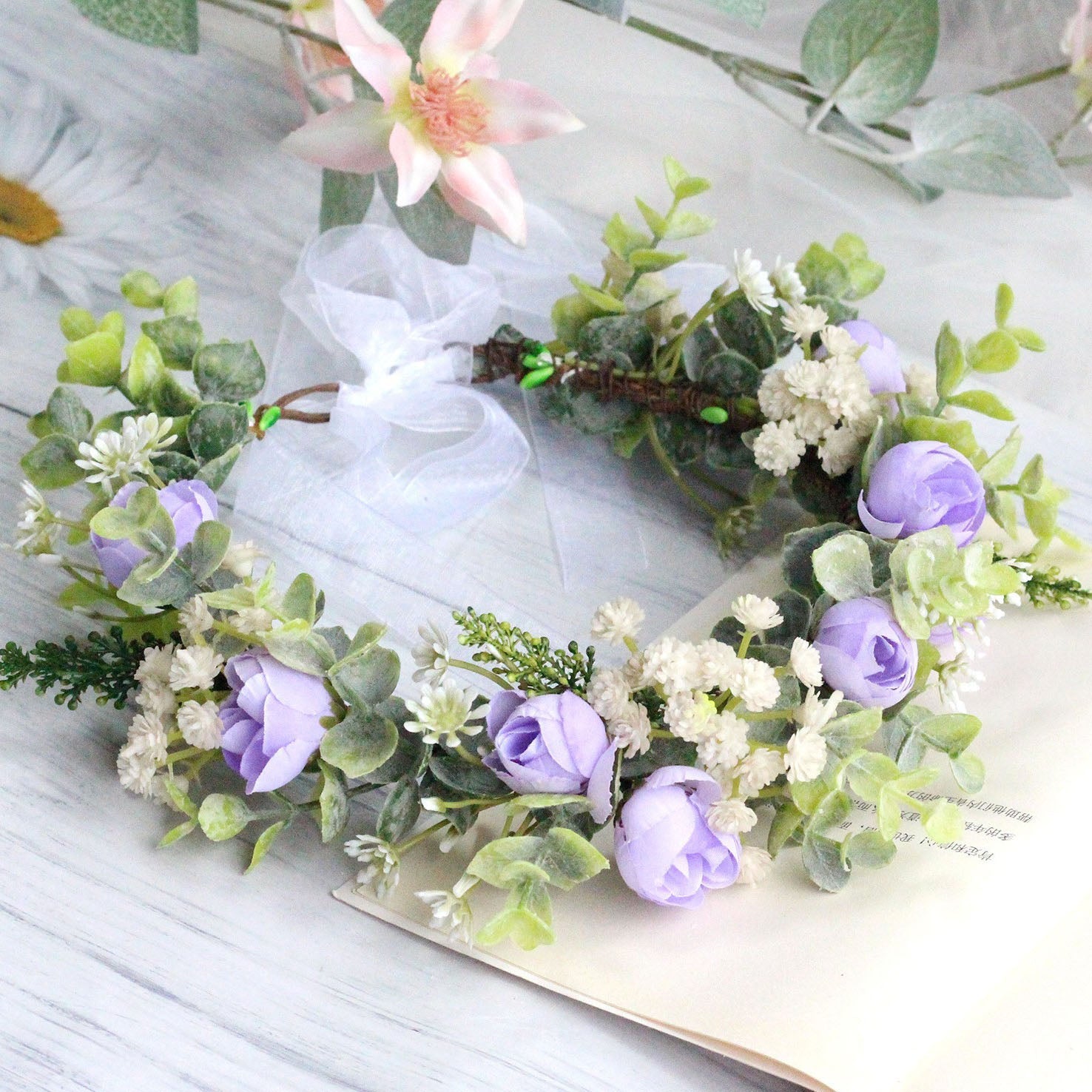 Forest style curled edge rose headband, simulated starry sky, eucalyptus wreath, bride's wedding dress, photography, headwear - Korvel
