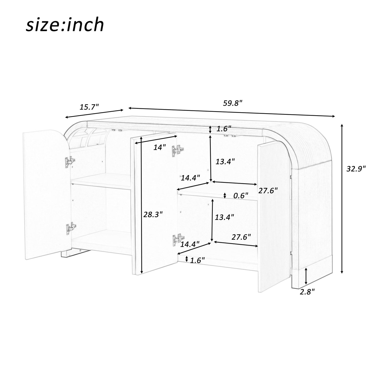 U-STYLE four door curved corner design wavy door panel cabinet with adjustable shelves - Korvel