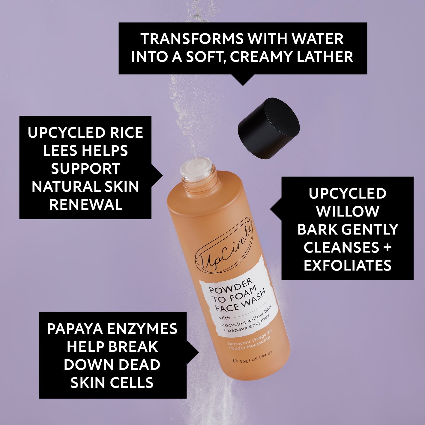 Nettoyant Visage Poudre à Mousse avec Écorce de Saule et Enzymes de Papaye