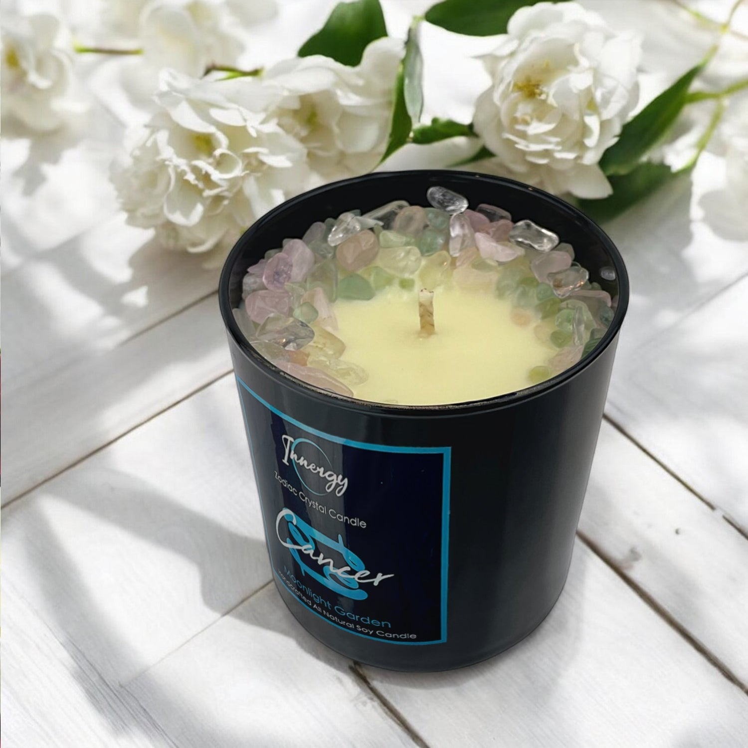 Nurturing Cancer Zodiac Crystal Candle with Green Fluorite & Rose | 9oz Coconut-Soy Wax - Korvel
