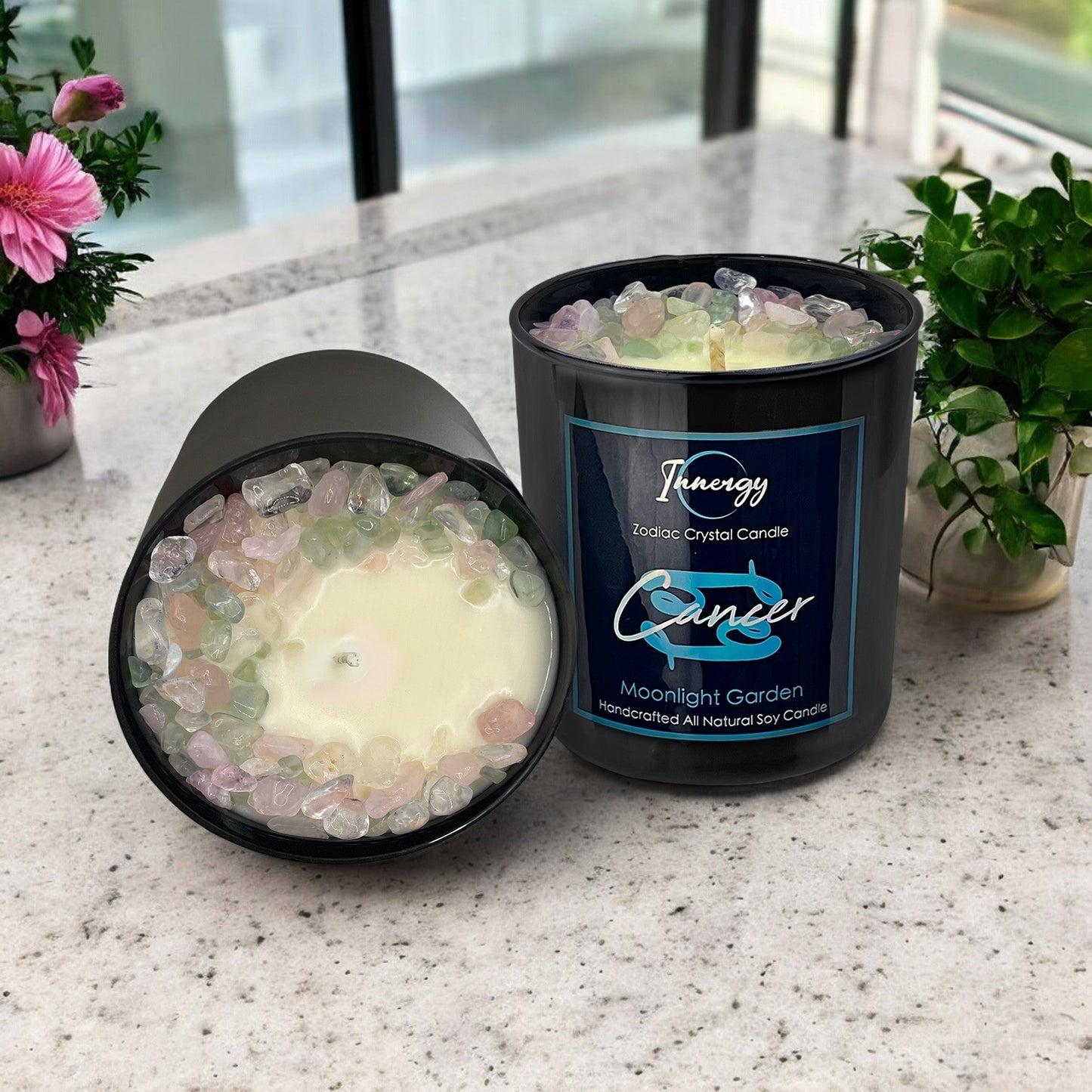 Nurturing Cancer Zodiac Crystal Candle with Green Fluorite & Rose | 9oz Coconut-Soy Wax - Korvel