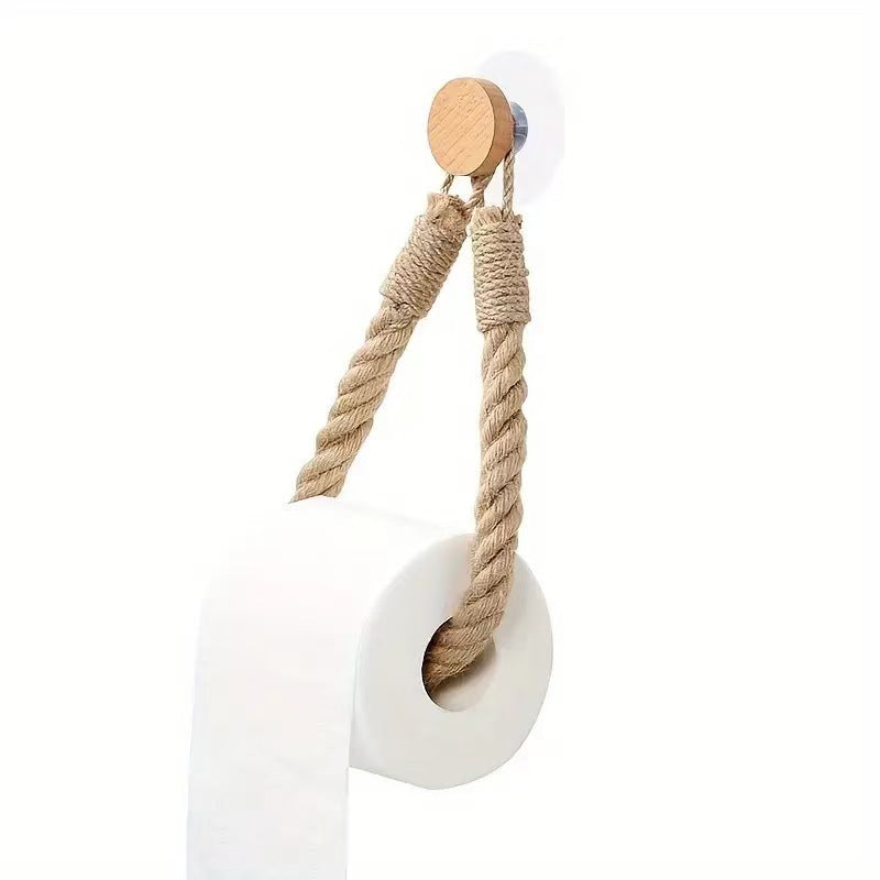 Wooden Hook Seamless Adhesive No Drilling Handmade Woven Hemp Rope Towel Rack Tissue Holder Bathroom Toilet - Korvel