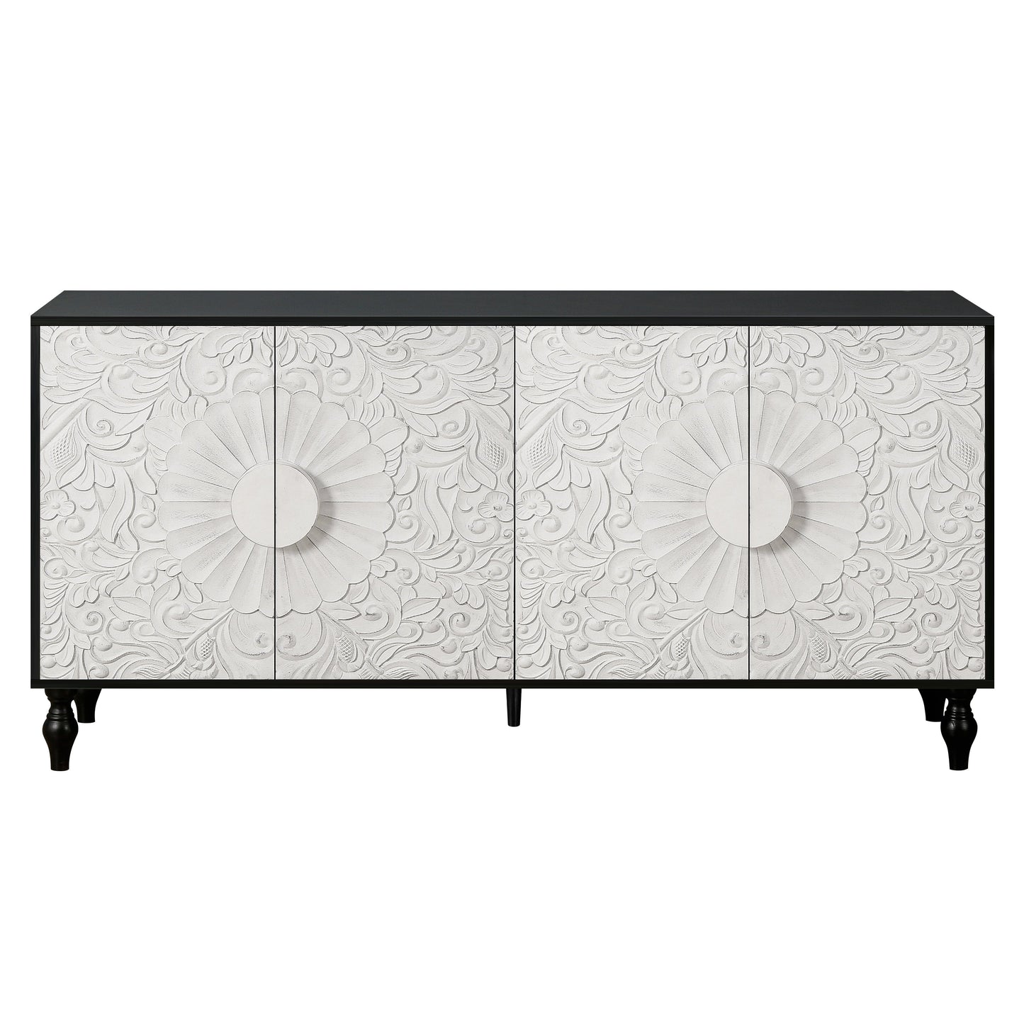 Vintage White Large Faceted Carved Sideboard with Black Frames