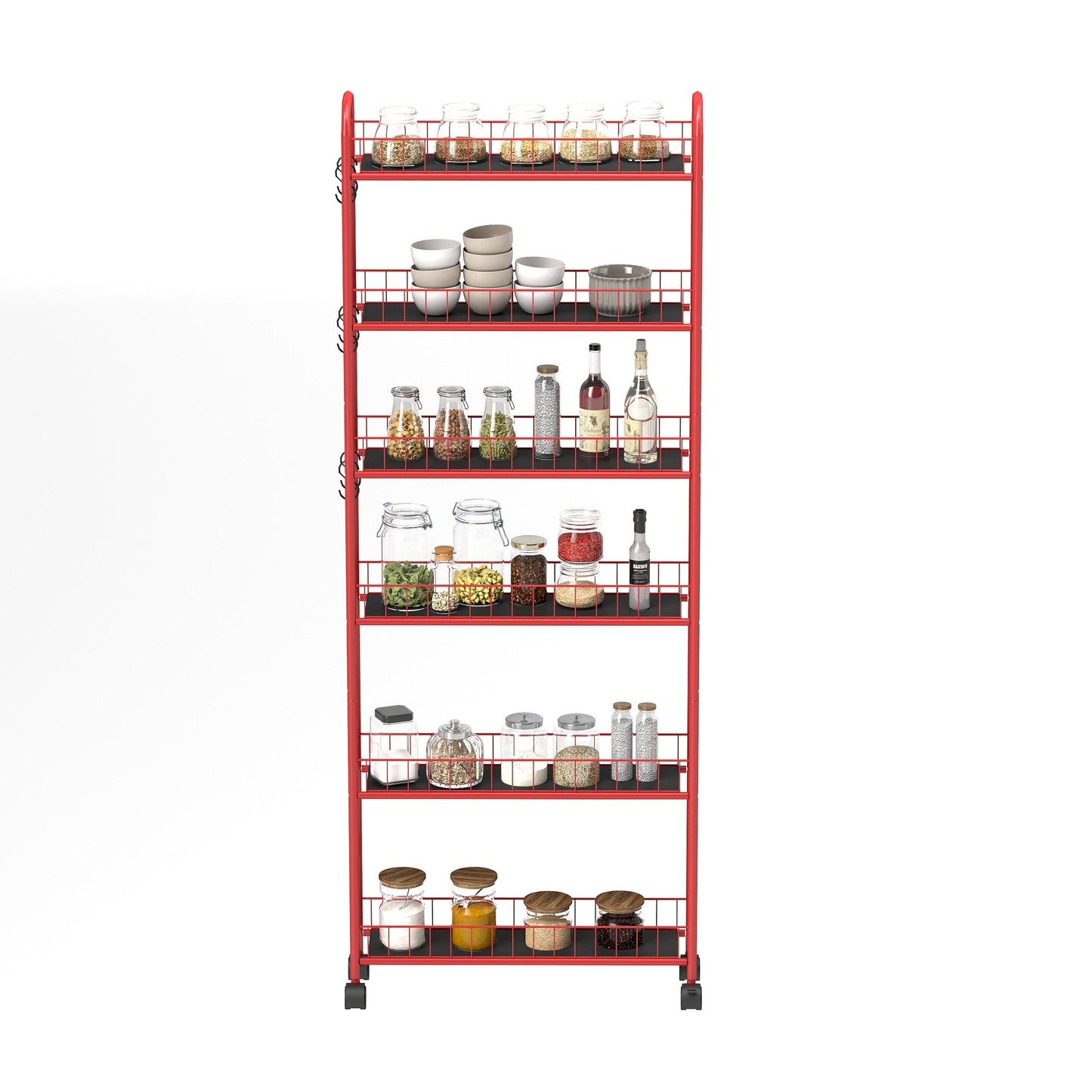 Red 6-story rolling cart gap kitchen ultra-thin sliding out storage tower shelf with wheels, 6 baskets - Korvel