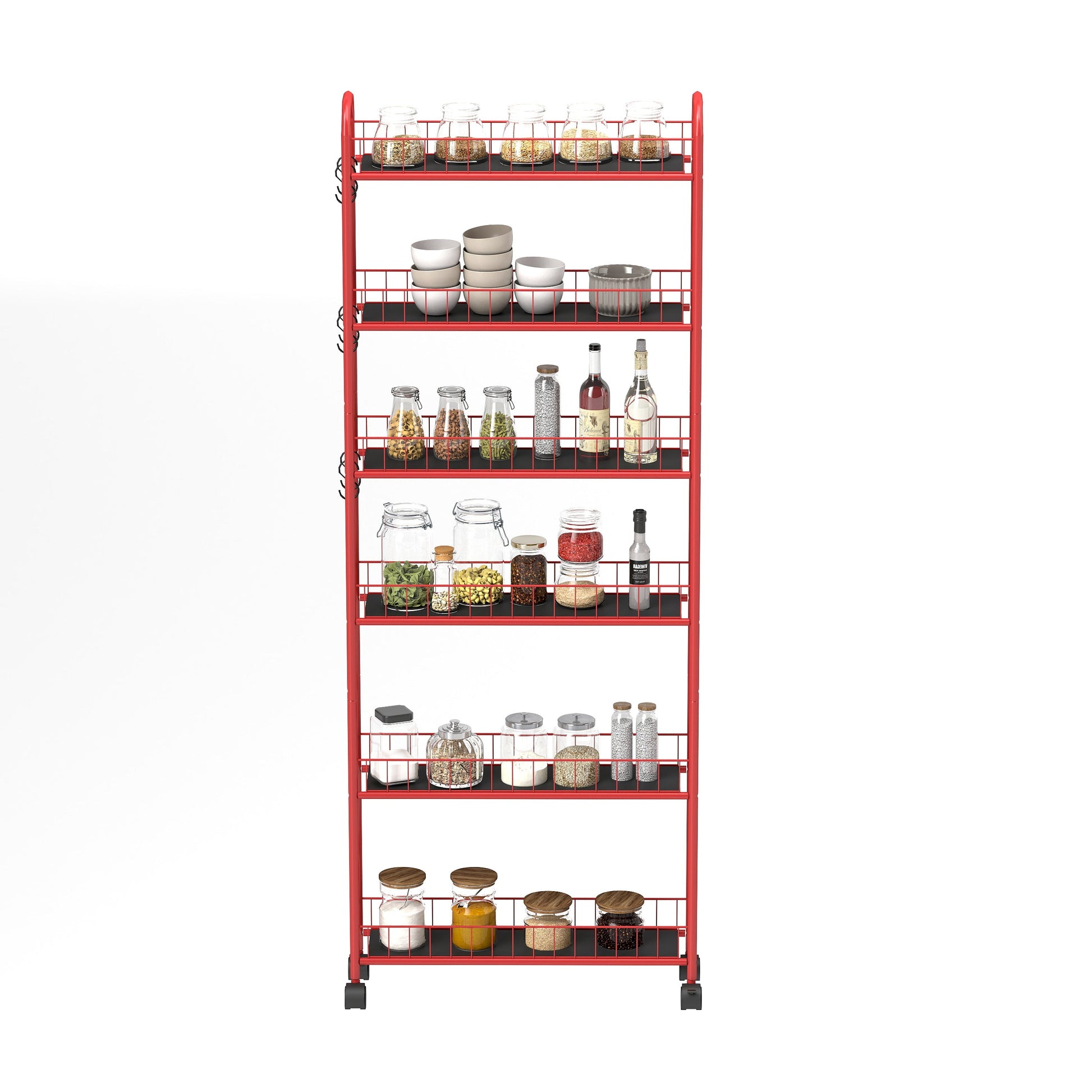 Red 6-story rolling cart gap kitchen ultra-thin sliding out storage tower shelf with wheels, 6 baskets - Korvel
