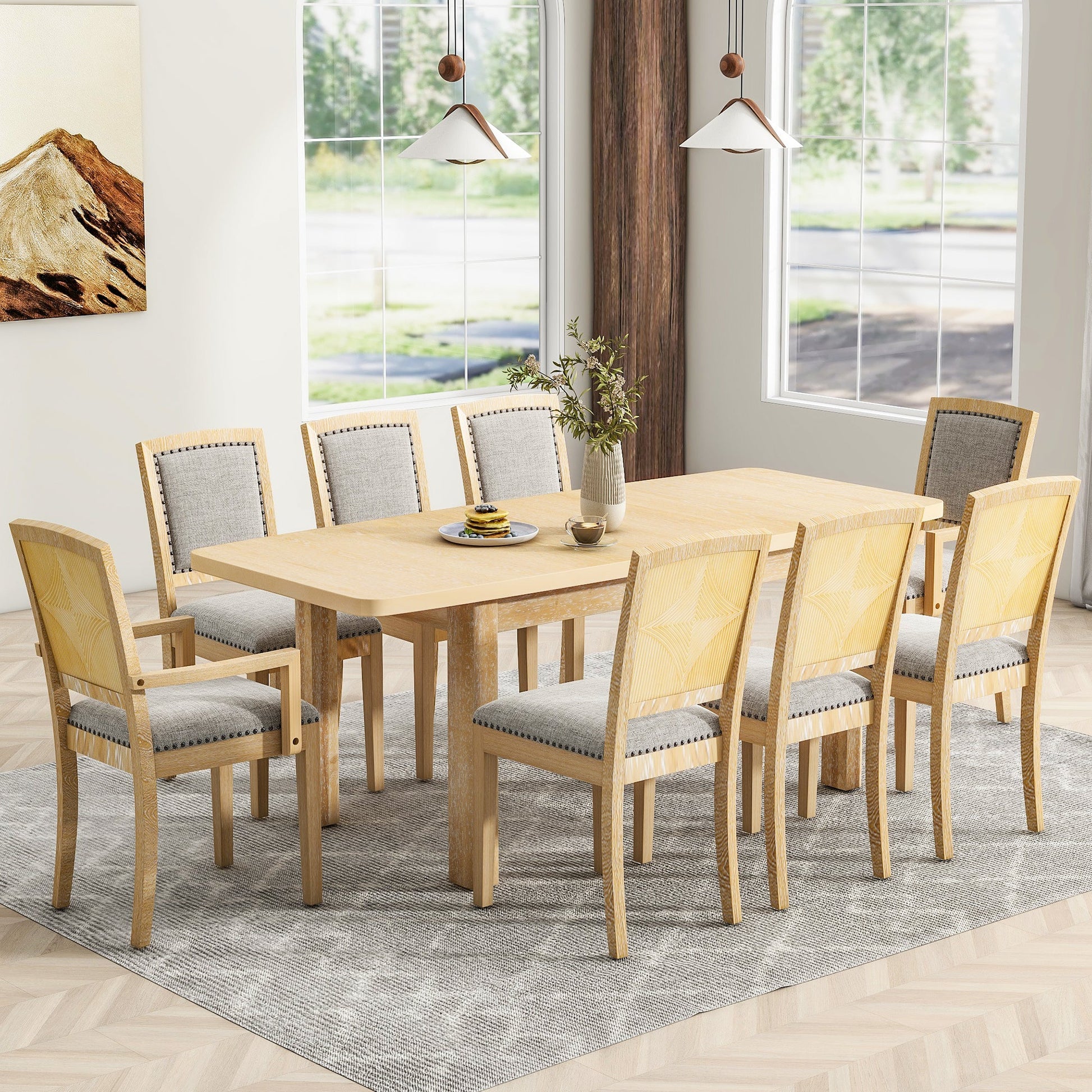 TOPMAX expandable 84 inch dining table set with 24 inch detachable leaves, 6 armless chairs and 2 armchairs  9 pieces natural - Korvel