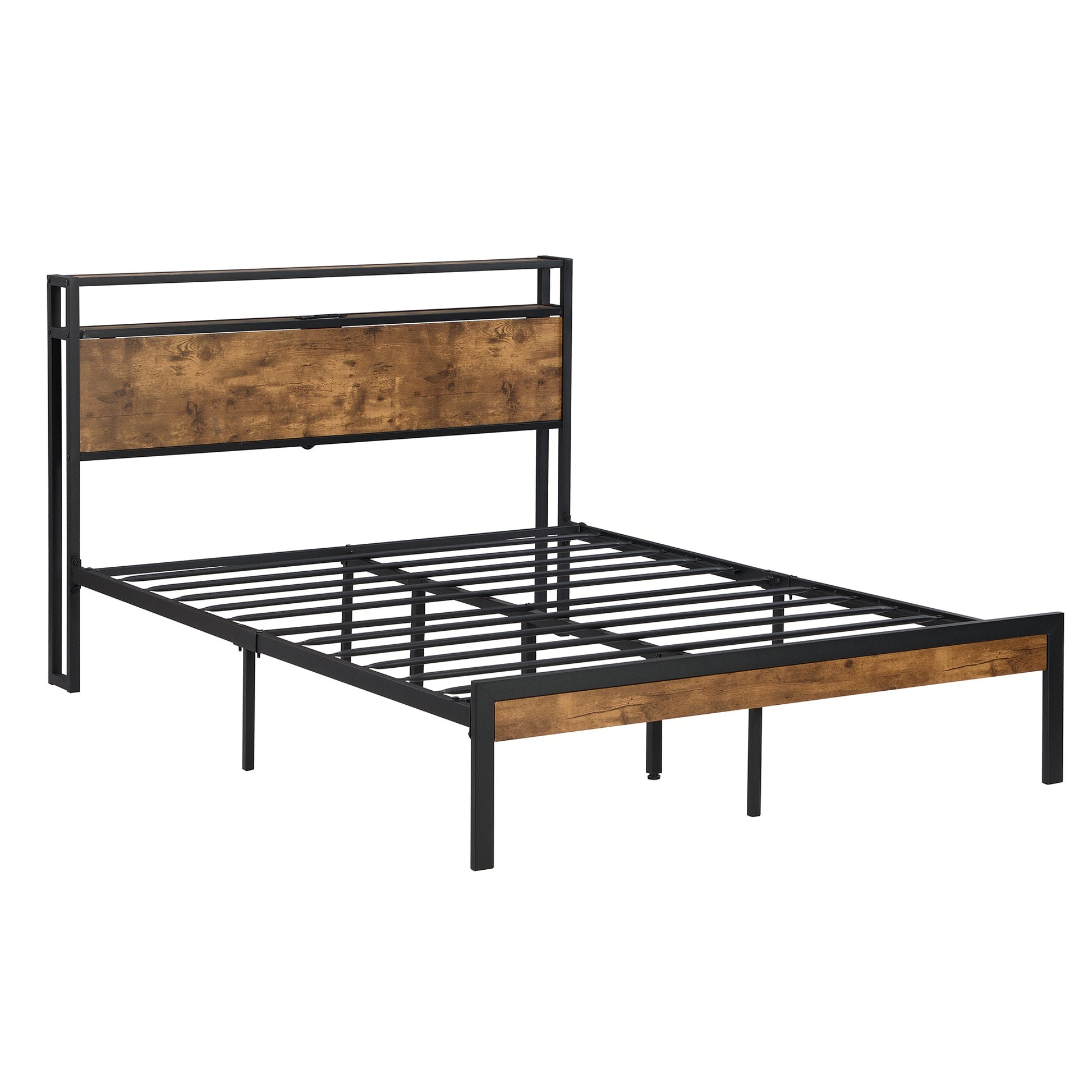 Queen Size Metal Platform Bed Frame with Wooden Headboard and Footboard with USB LINER - Korvel