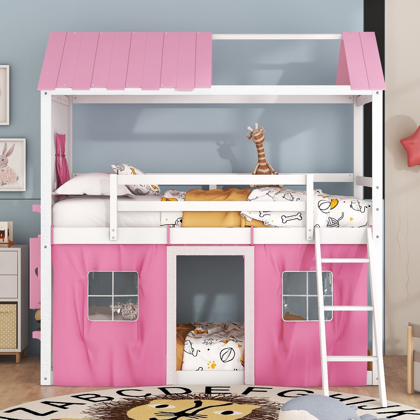 Elegant Twin Size Bunk Wood House Bed in Pink and White